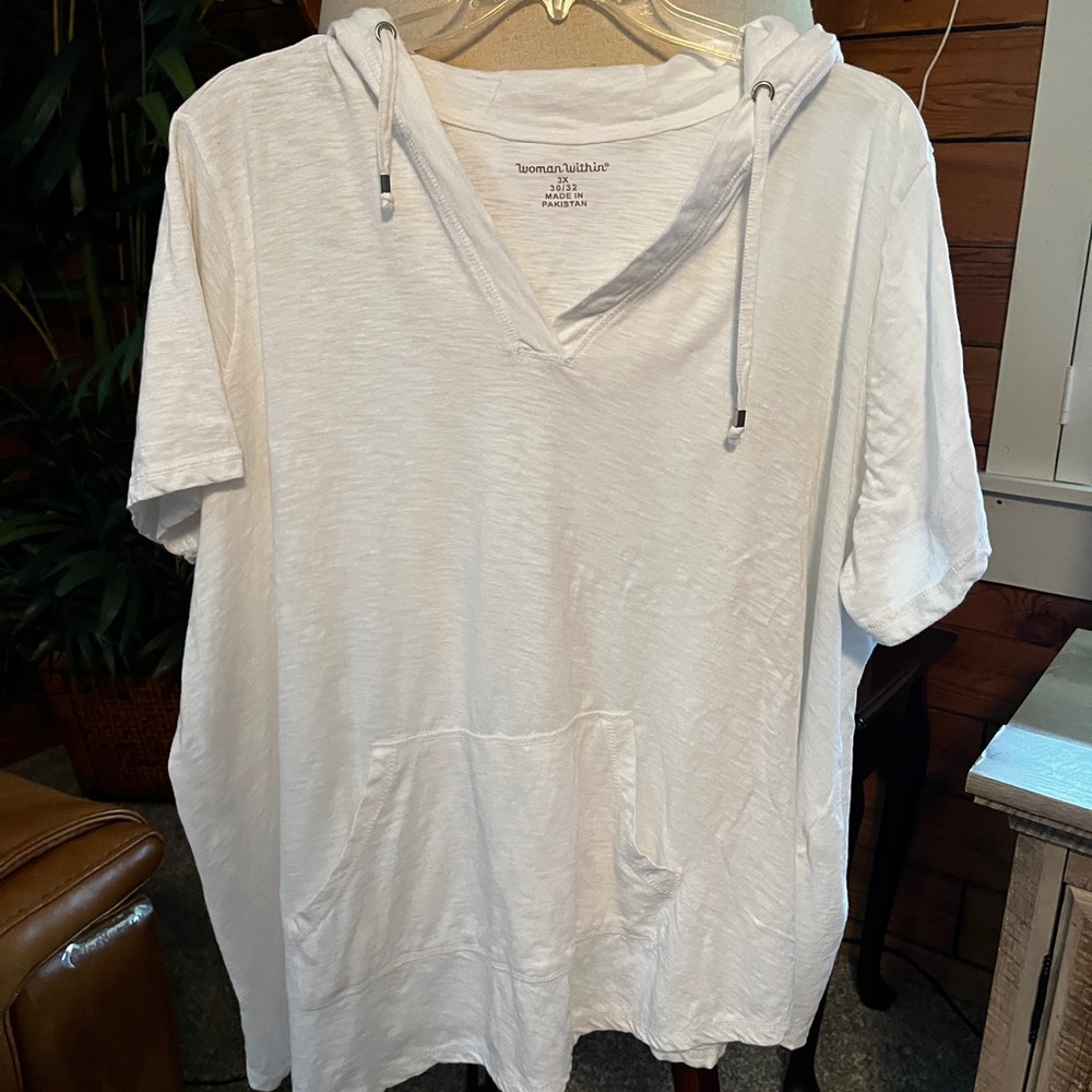 Woman Within Oversized 3x/30/32 White Hooded Short Sleeve Tunic Top(64”B x 30”L)